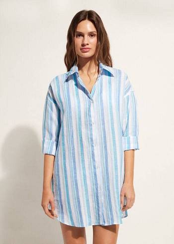 Cover Ups Calzedonia Linen Shirt Damske Modre Biele | SK2090DN