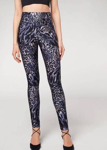 Leginy Calzedonia Shiny Animal-Print Atletická Damske Modre Siva | SK2680EX