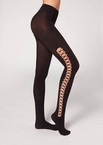 Pancuchy Calzedonia Crisscross Cut-Out Opaque 90 Denier Patterned Damske Čierne | SK1090QZ