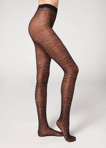 Pancuchy Calzedonia Flocked Tiger Text 50 Denier Patterned Damske Čierne | SK1097IS