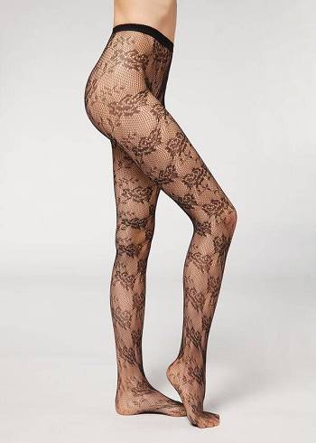 Pancuchy Calzedonia Floral Cipkovane-Motif Fishnet Patterned Damske Čierne | SK1099PQ