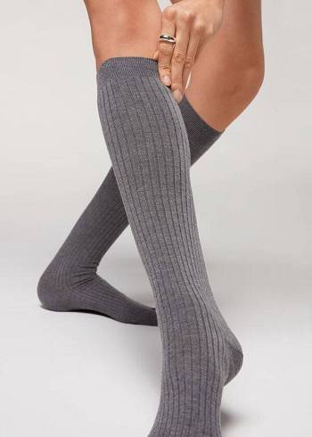 Ponozky Calzedonia Long Rebrovaný Cashmere Damske Siva | SK2244AP