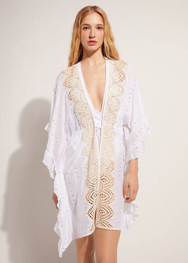 Cover Ups Calzedonia Kimono Caftan with Sangallo Cipkovane and Sequins Damske Biele | SK2085IS