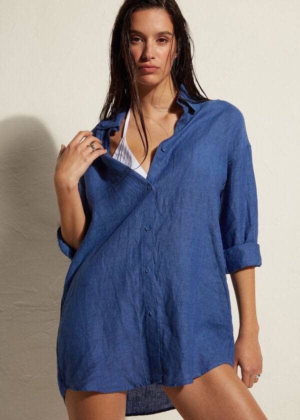 Cover Ups Calzedonia Linen Shirt Damske Modre | SK2091FM