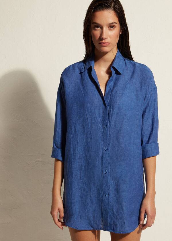 Cover Ups Calzedonia Linen Shirt Damske Modre | SK2091FM