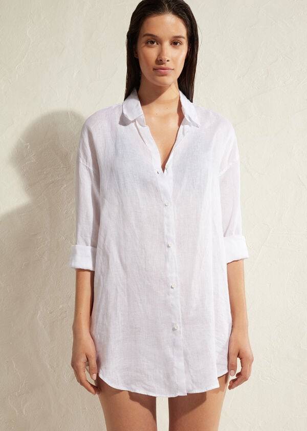 Cover Ups Calzedonia Linen Shirt Damske Biele | SK2093HK