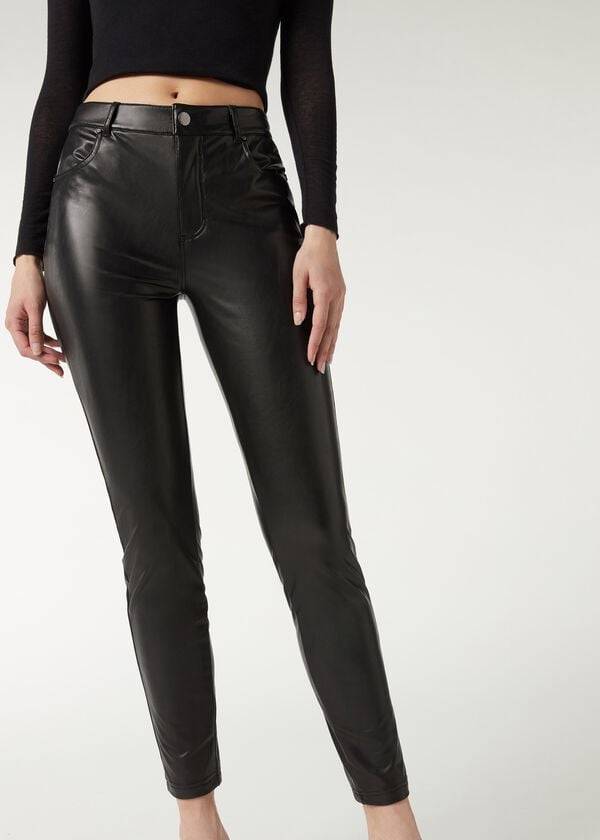 Leginy Calzedonia Thermal leather-effect Damske Čierne | SK2701OR