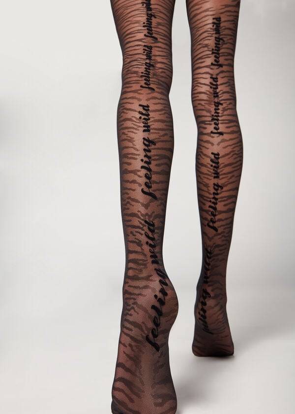 Pancuchy Calzedonia Flocked Tiger Text 50 Denier Patterned Damske Čierne | SK1097IS