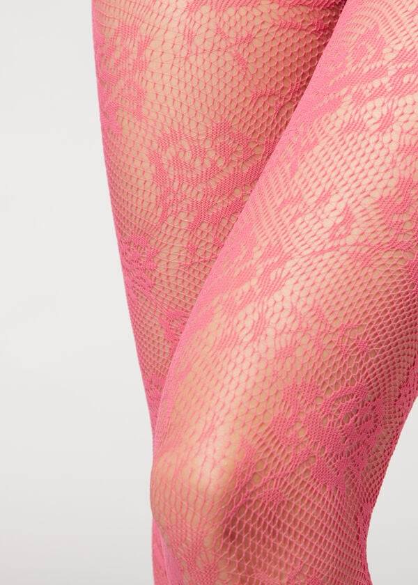 Pancuchy Calzedonia Floral Cipkovane-Motif Fishnet Patterned Damske Ruzove | SK1100AP