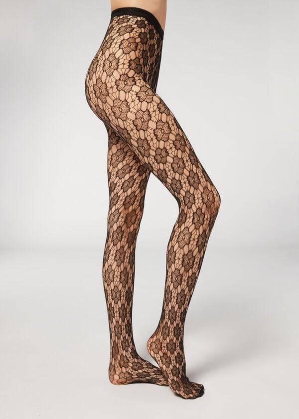 Pancuchy Calzedonia Floral-Motif Fishnet Patterned Damske Čierne | SK1101SO