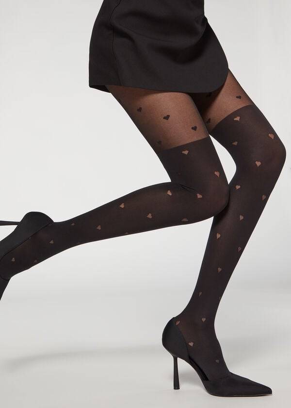 Pancuchy Calzedonia Longuette-Effect Mini Heart-Motif Patterned Damske Čierne | SK1111CE